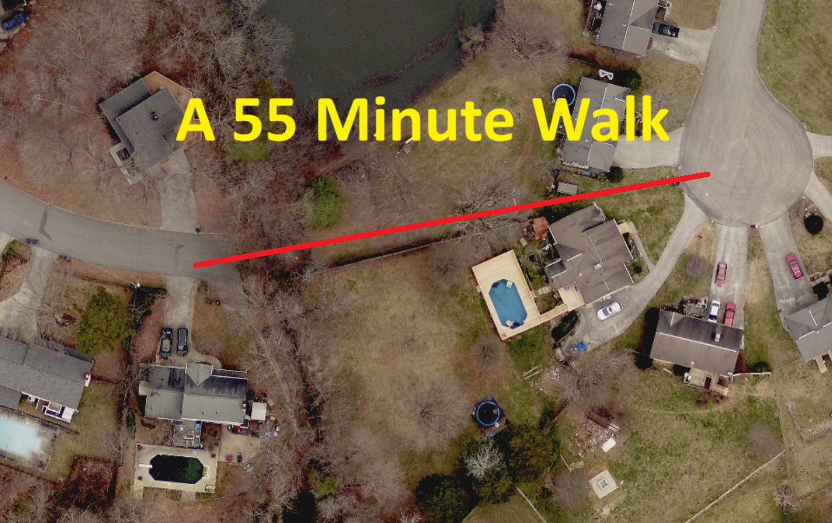 Picture showing two houses 200 feet apart, a line between them, and text saying "A 55 minute walk"