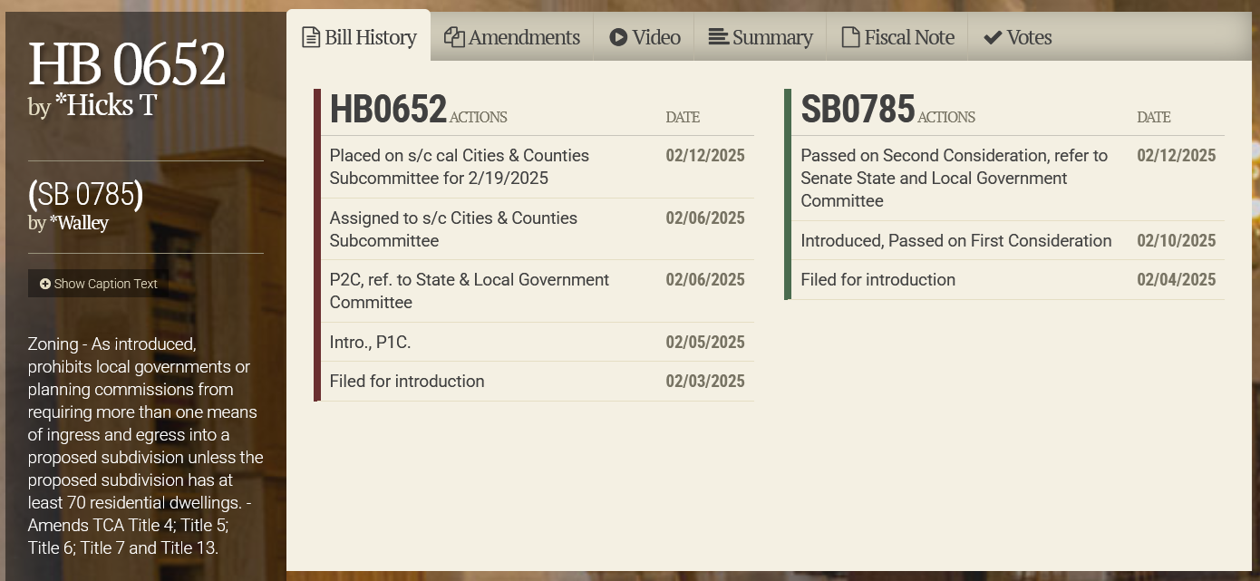 Screenshot of Tennessee State Legislature page with HB652 SB785