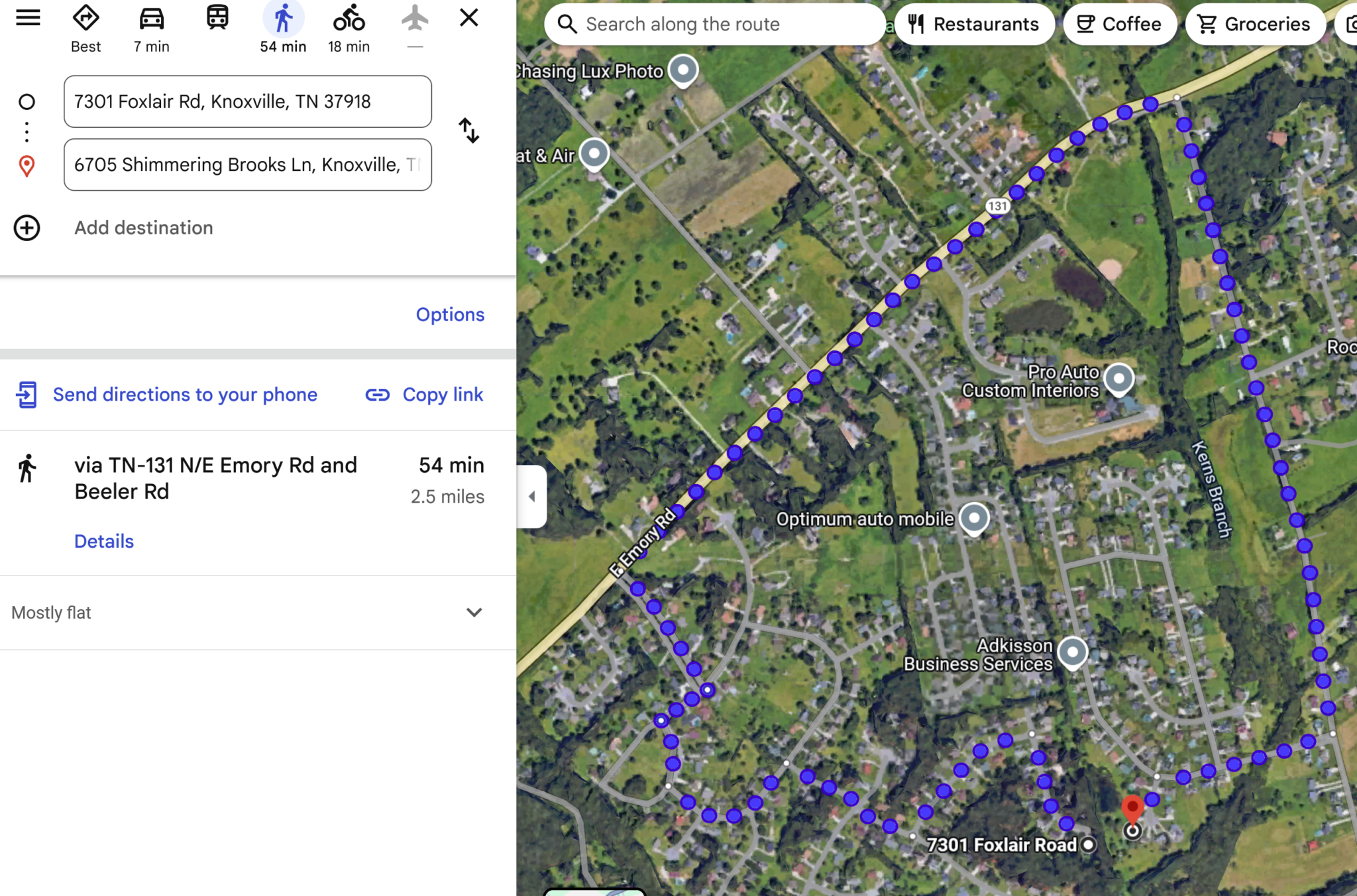 Walking distance and time between 7301 Foxlair Rd and 6705 Shimmering Brooks Ln. Image screenshot from Google Maps.